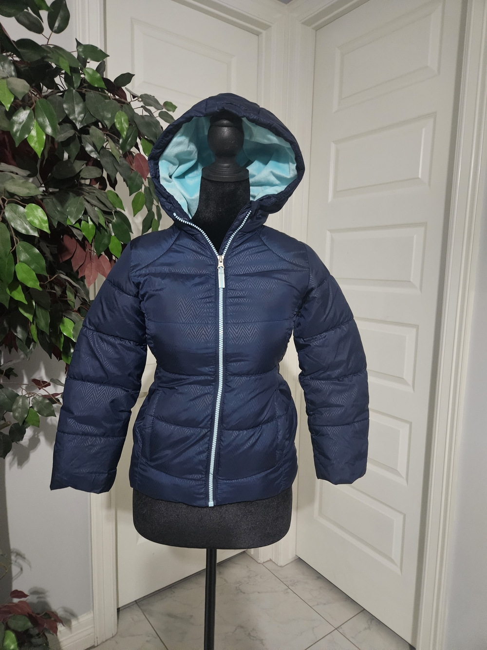 wonder nation Navy Puffer Jacket with Light Blue Hood Lining